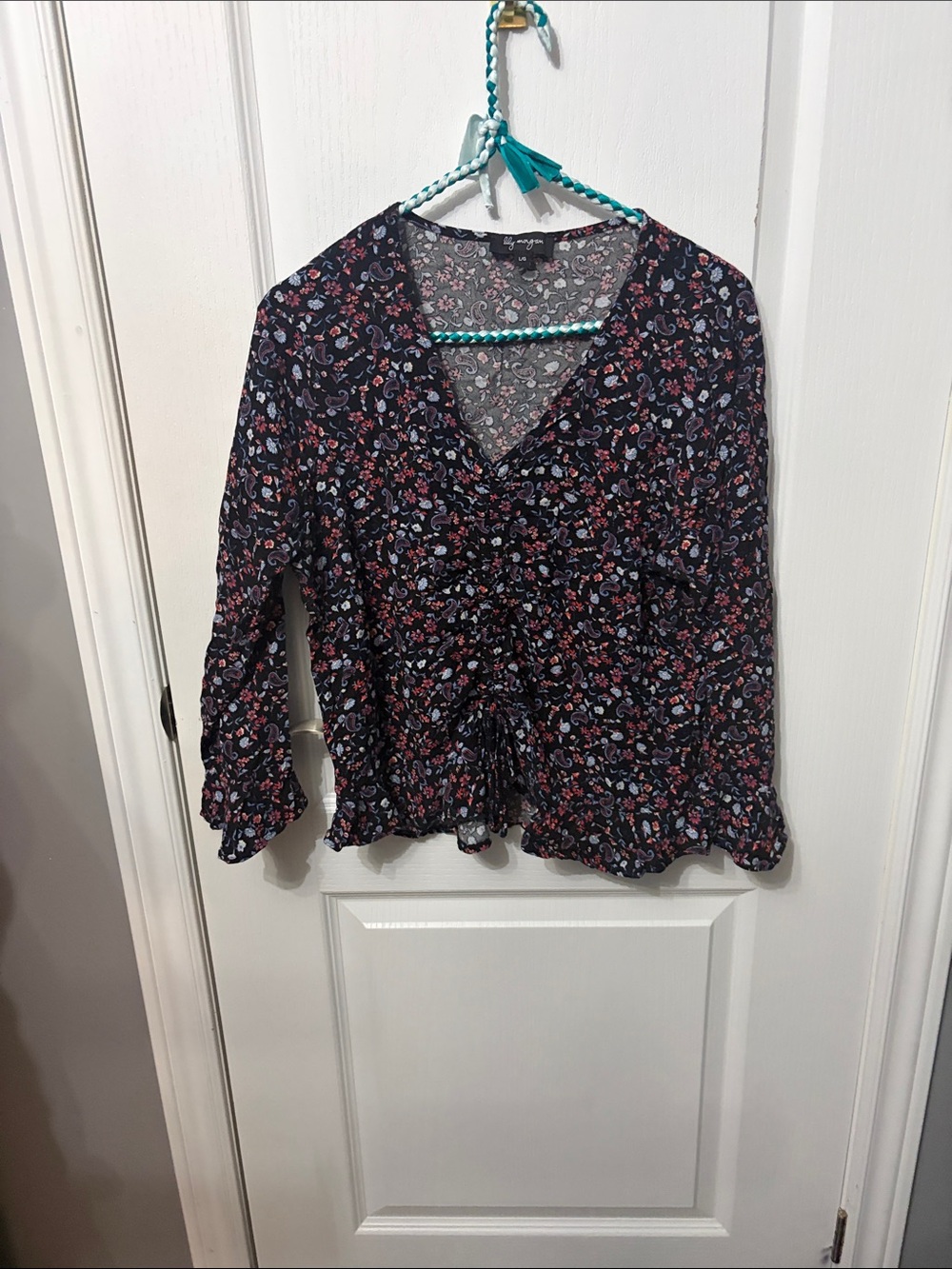 V-Neck Floral Peplum Blouse - Black with Blue & Pink Floral